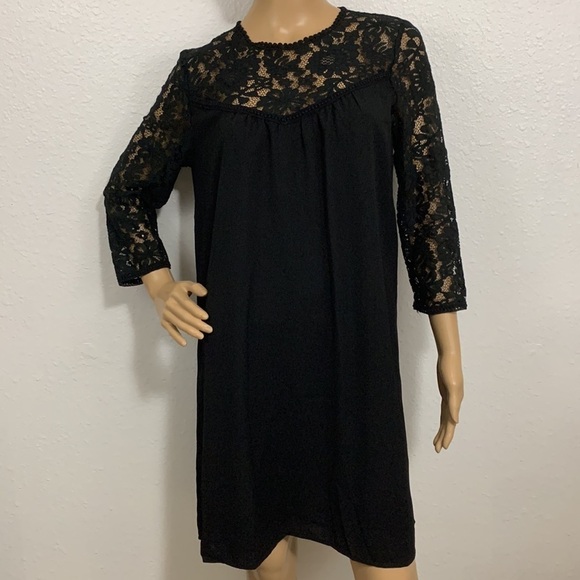 Contemporary Lace Black Linen Blend Knee Length Shift Dress Size M - Picture 2 of 7